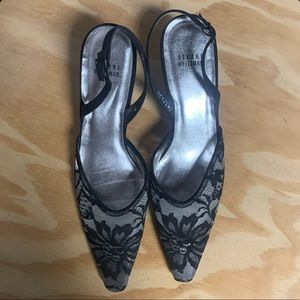Stuart Weitzman Black Lace Slingback Pump Leather Sole Sz 9